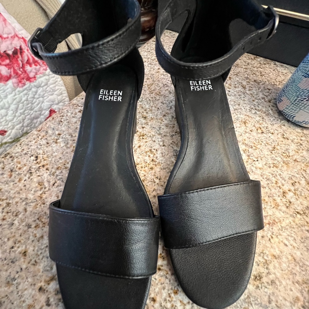Eileen Fisher Black Leather Wedge Heel Sandals